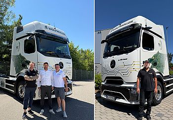 Vor dem neuen eActros stehen die Wolfmüller-Geschäftsfürer, der Verkäufer und der Fahrer